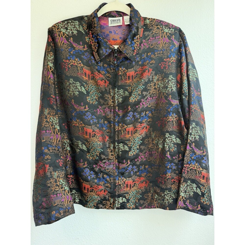 Chico’s Design Silk Rayon Asian Scenic Jacquard Jacket Women’s Size 2/L Vintage